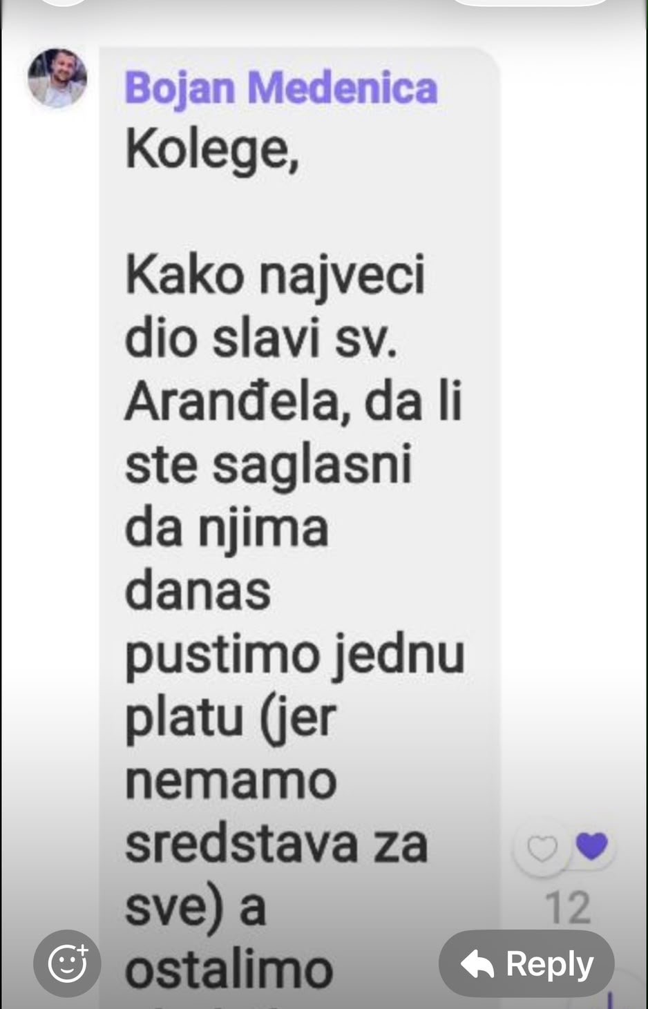 OBAVJEŠTENJE DIREKTORA: Screenshot poruke Bojana Medenica, čelnika državnog preduzeća