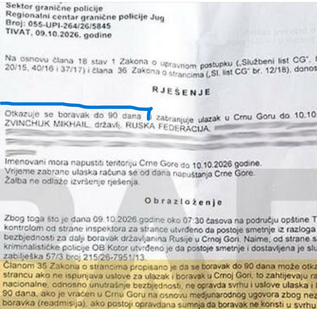 DOKAZ DA SU RUSI IMALI DOZVOLU BORAVKA DO 90 DANA: Rješenje Uprave policije 