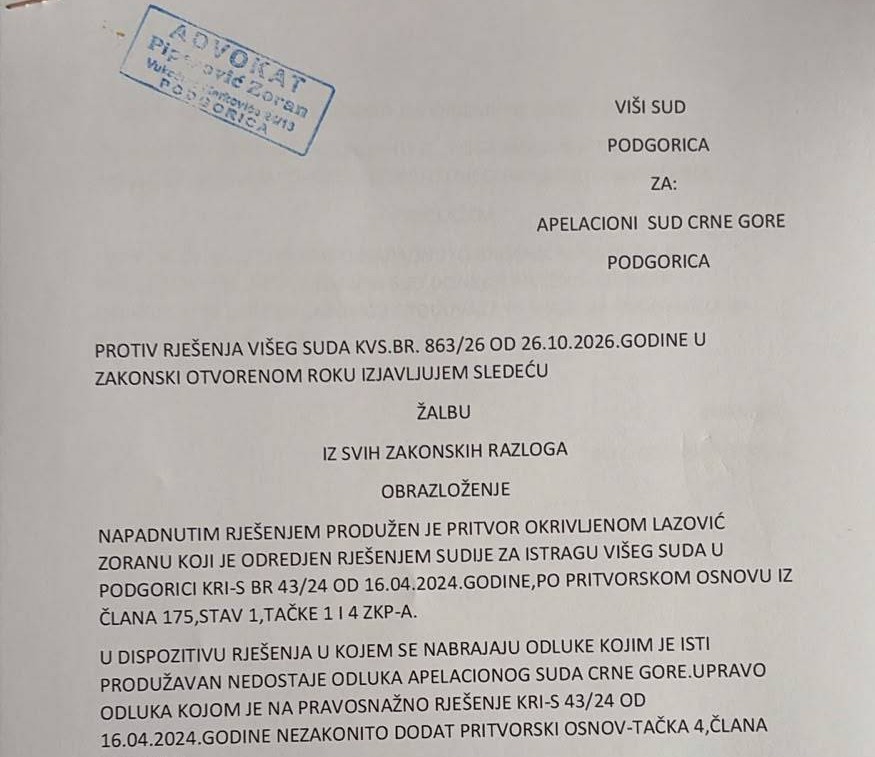 NEZAKONITO PRODUŽENJE PRITVORA: Žalba advokata Zorana Piperovića (Foto: Portal ETV )