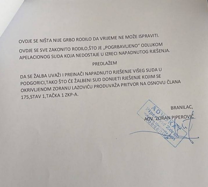 ŠTO SE GRBO RODILO, MOŽE LI SE ISPRAVITI: Dio žalbe na akt o produžennu pritvora Zoranu Lazoviću